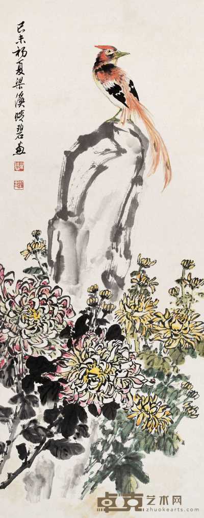 钱晴碧 1979年作 菊花绶带图 立轴 97.5×38.5cm